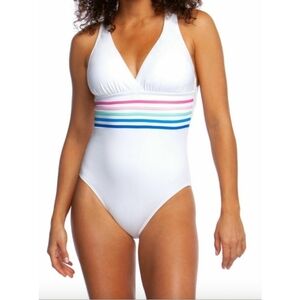 La Blanca White One Piece Swimsuit with Multicolor Stripes, 6, NWT. ✔️